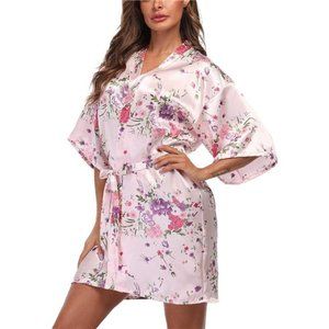 Women's Floral Kimono Satin Robes Short Silky Bathrobe, Bridesmaid Kimono